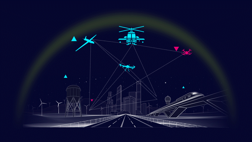 Airspace detection radar showing authorized and threat aircraft tracked over a city skyline